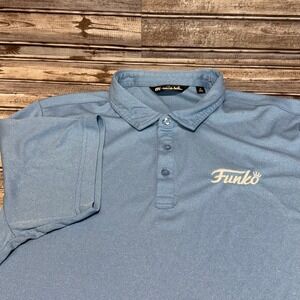 Travis Mathew Polo Shirt Mens XL Blue Funko Logo Short Sleeve Golf Casual Pique
